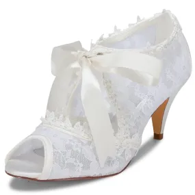 Women's Bridal Shoes 2.6'' Peep Toe Cone Heel Lace Satin Pumps Ribbon Tie Wedding Shoes