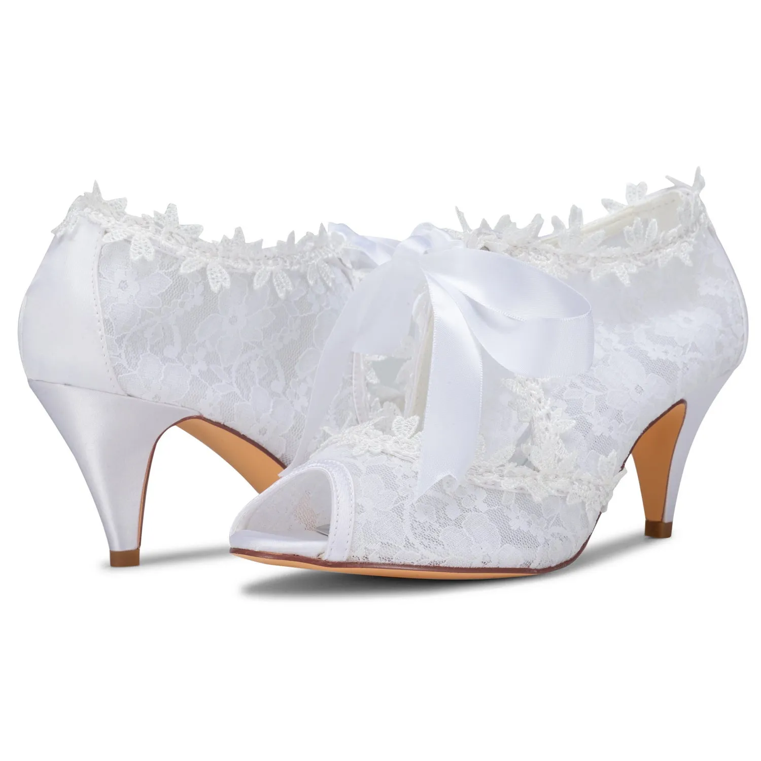 Women's Bridal Shoes 2.6'' Peep Toe Cone Heel Lace Satin Pumps Ribbon Tie Wedding Shoes