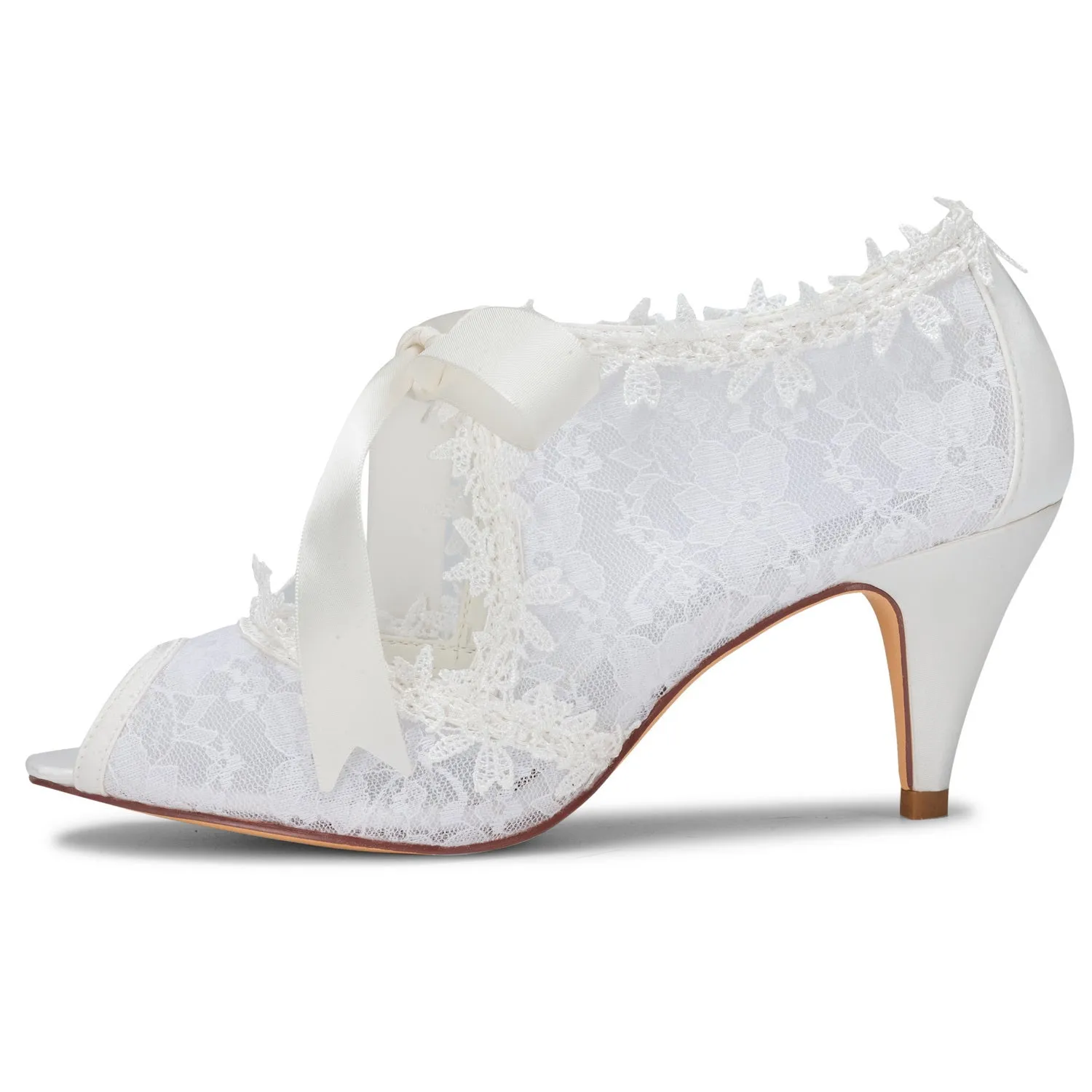 Women's Bridal Shoes 2.6'' Peep Toe Cone Heel Lace Satin Pumps Ribbon Tie Wedding Shoes