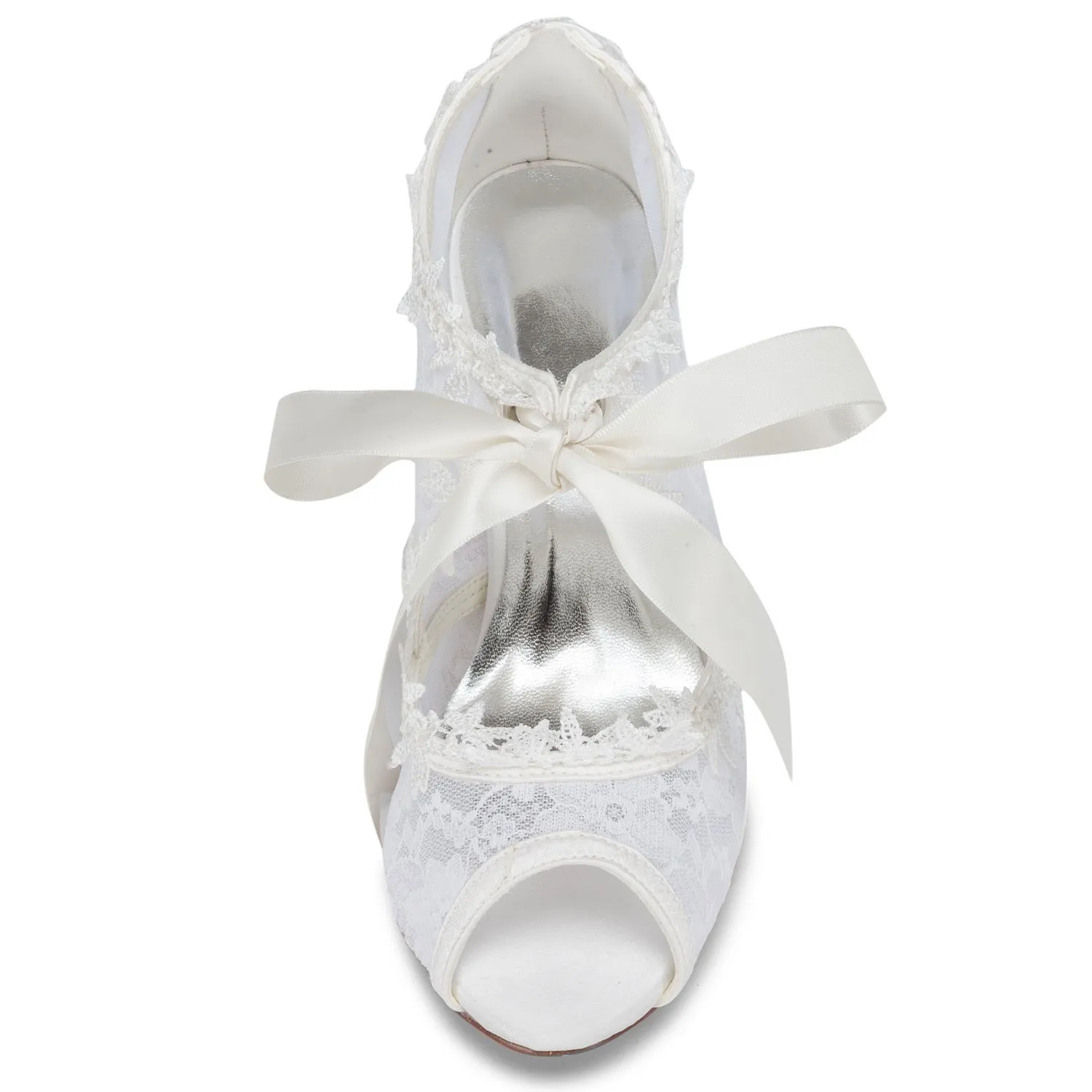 Women's Bridal Shoes 2.6'' Peep Toe Cone Heel Lace Satin Pumps Ribbon Tie Wedding Shoes
