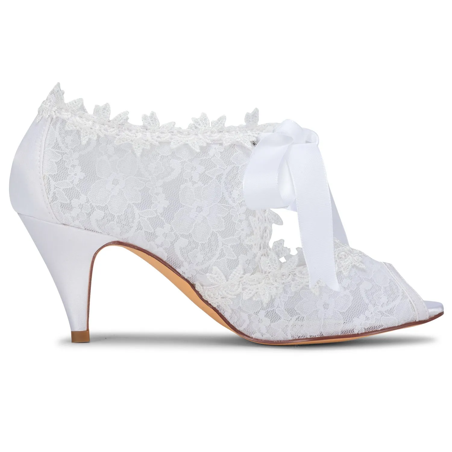 Women's Bridal Shoes 2.6'' Peep Toe Cone Heel Lace Satin Pumps Ribbon Tie Wedding Shoes
