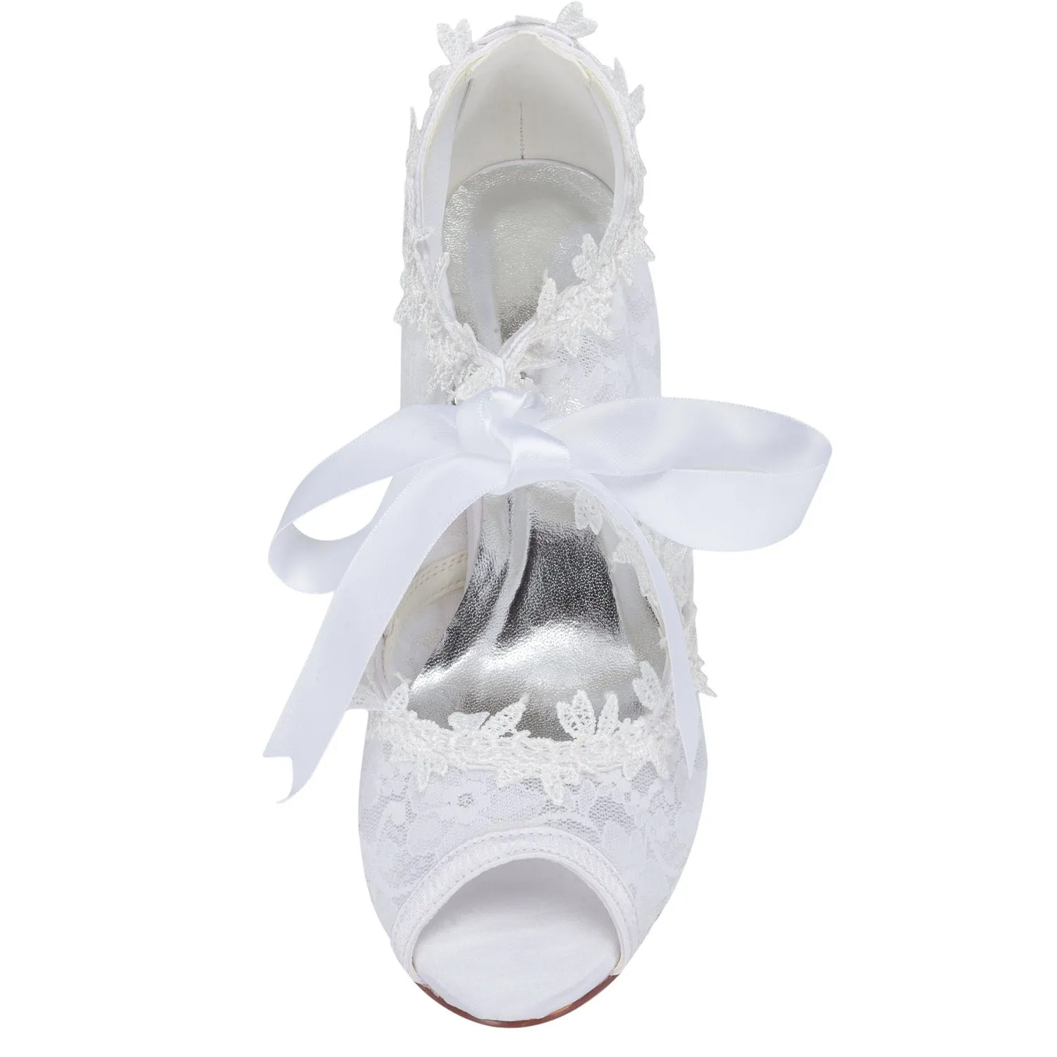 Women's Bridal Shoes 2.6'' Peep Toe Cone Heel Lace Satin Pumps Ribbon Tie Wedding Shoes