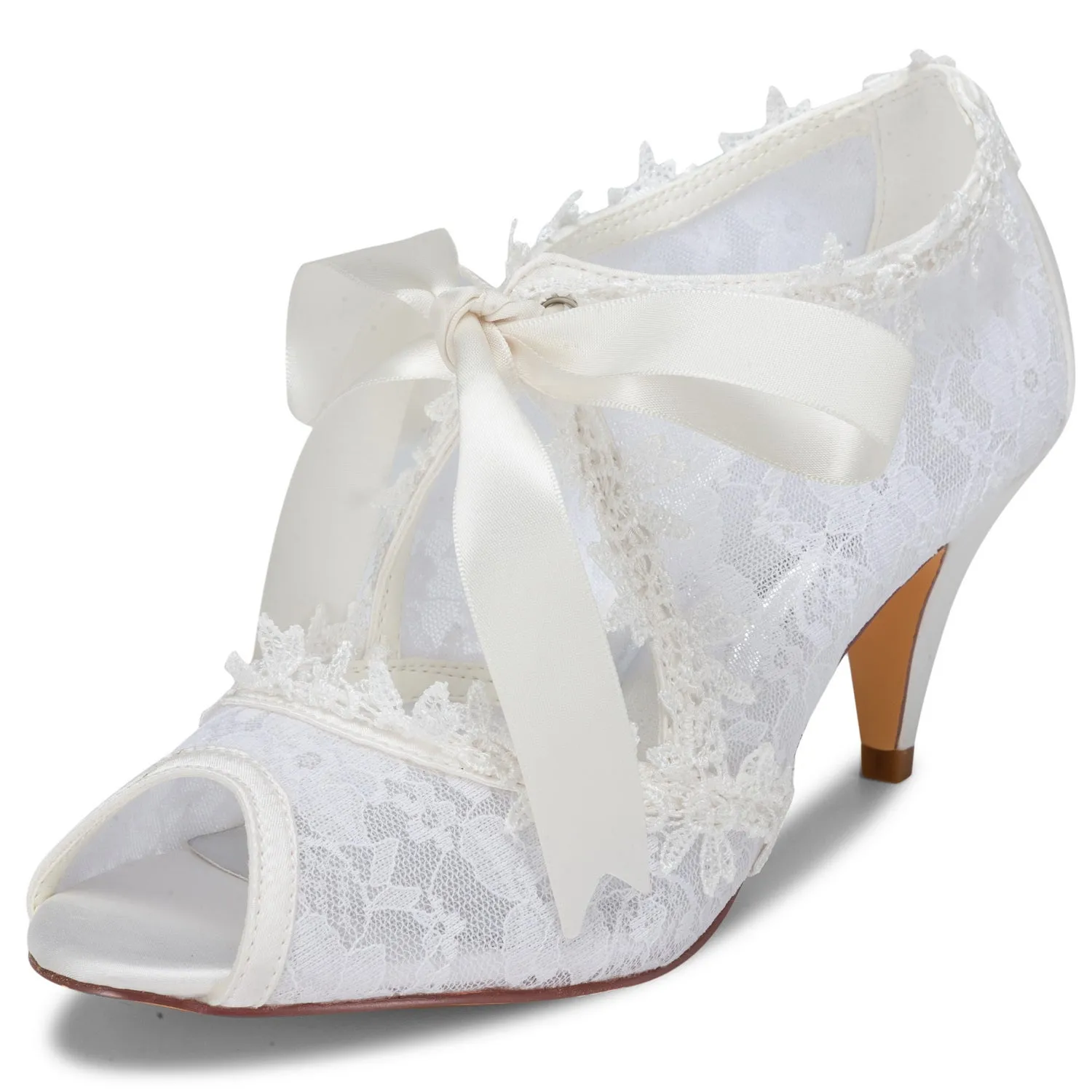 Women's Bridal Shoes 2.6'' Peep Toe Cone Heel Lace Satin Pumps Ribbon Tie Wedding Shoes