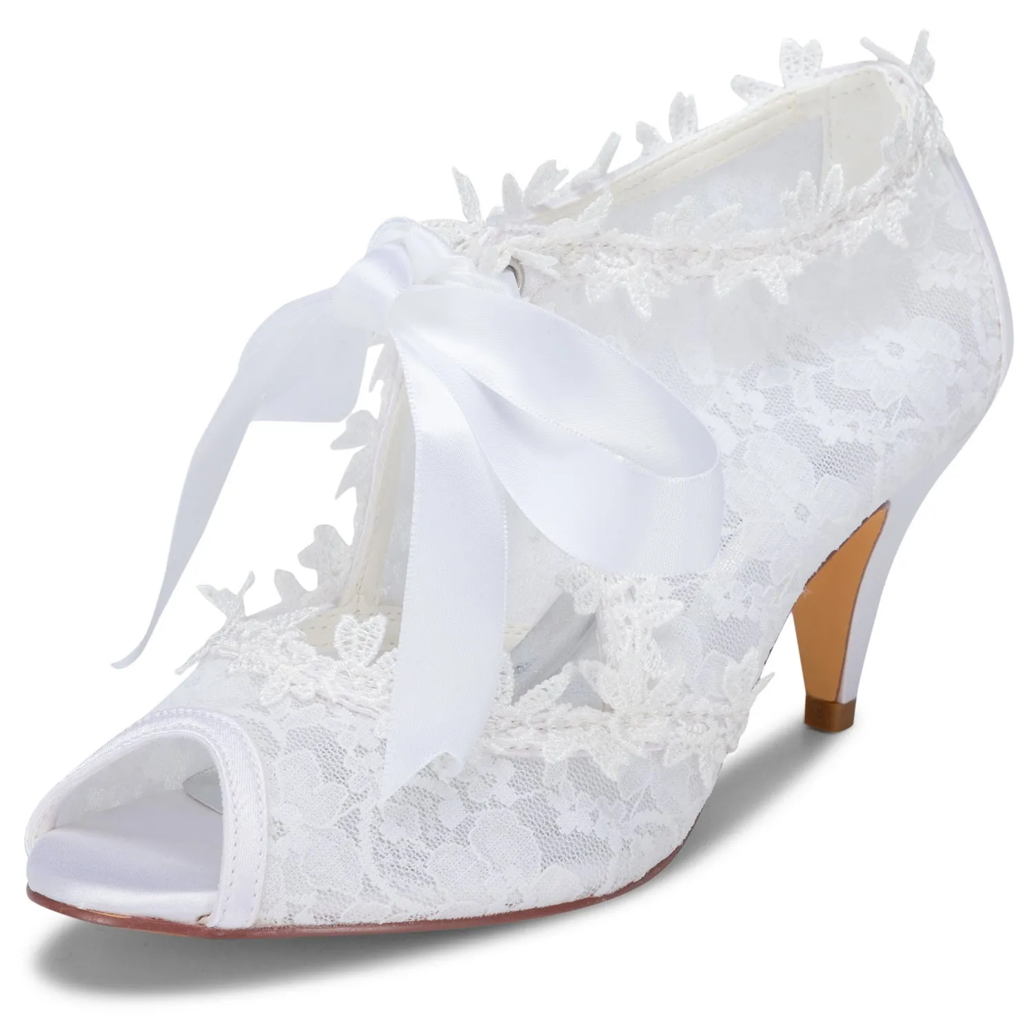 Women's Bridal Shoes 2.6'' Peep Toe Cone Heel Lace Satin Pumps Ribbon Tie Wedding Shoes