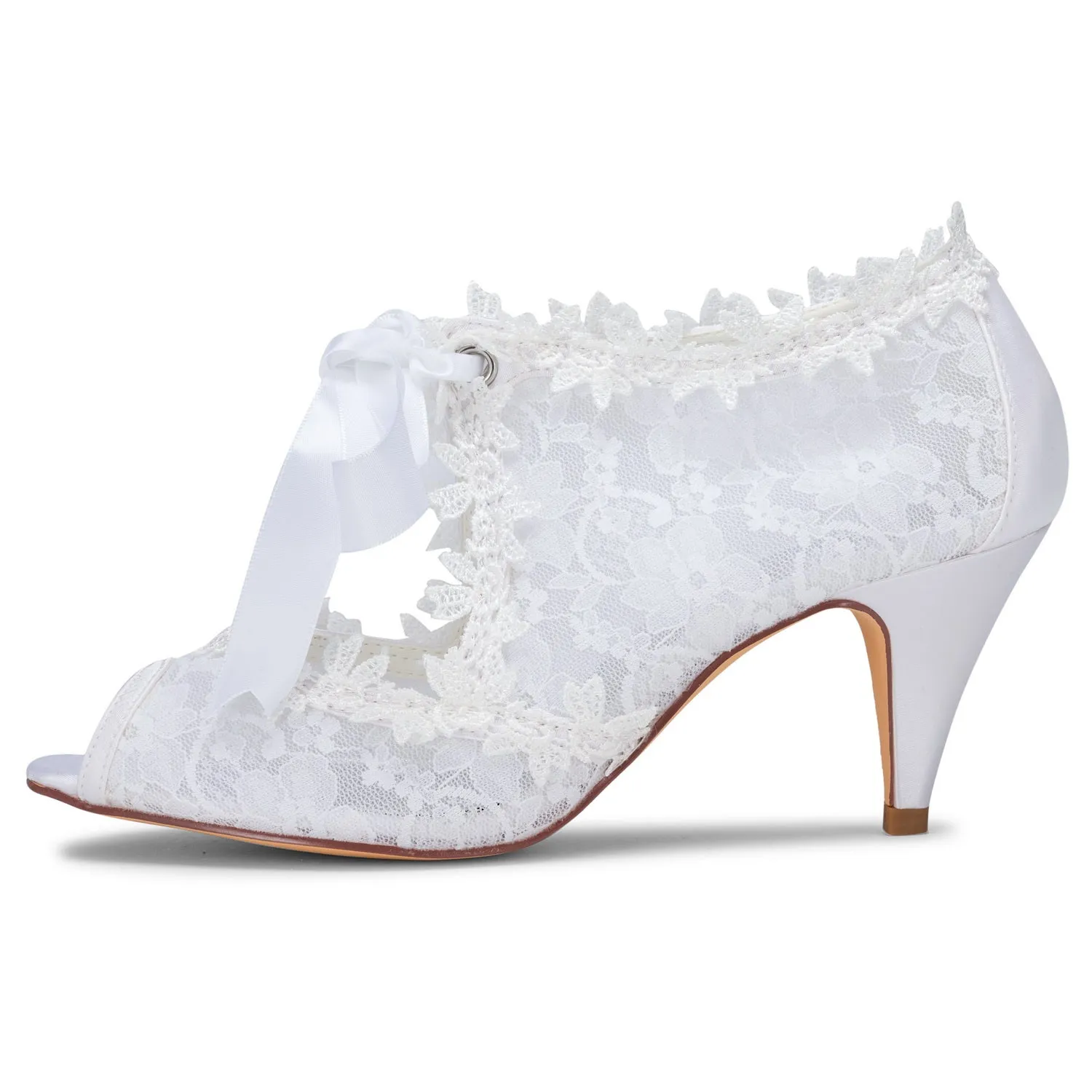 Women's Bridal Shoes 2.6'' Peep Toe Cone Heel Lace Satin Pumps Ribbon Tie Wedding Shoes