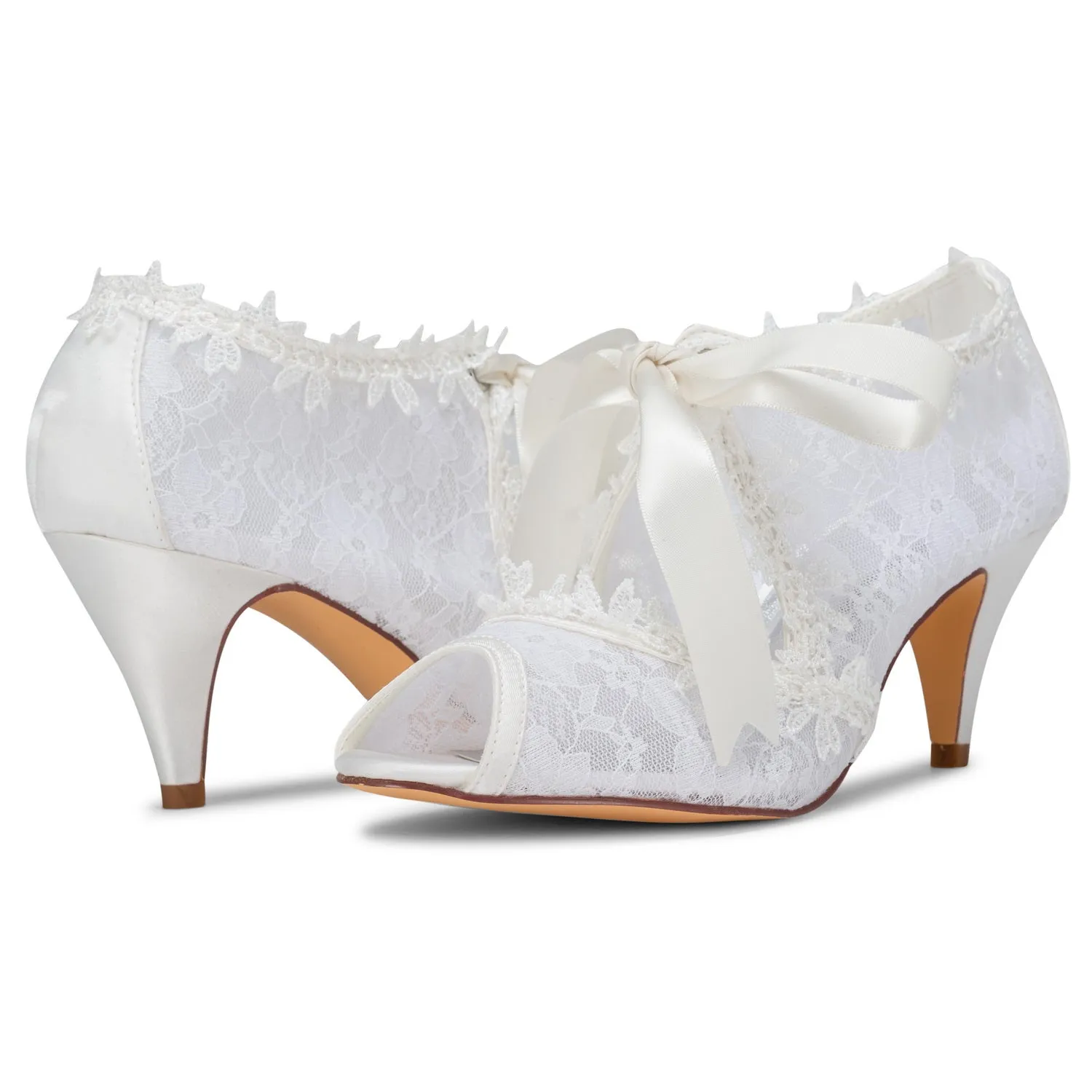 Women's Bridal Shoes 2.6'' Peep Toe Cone Heel Lace Satin Pumps Ribbon Tie Wedding Shoes