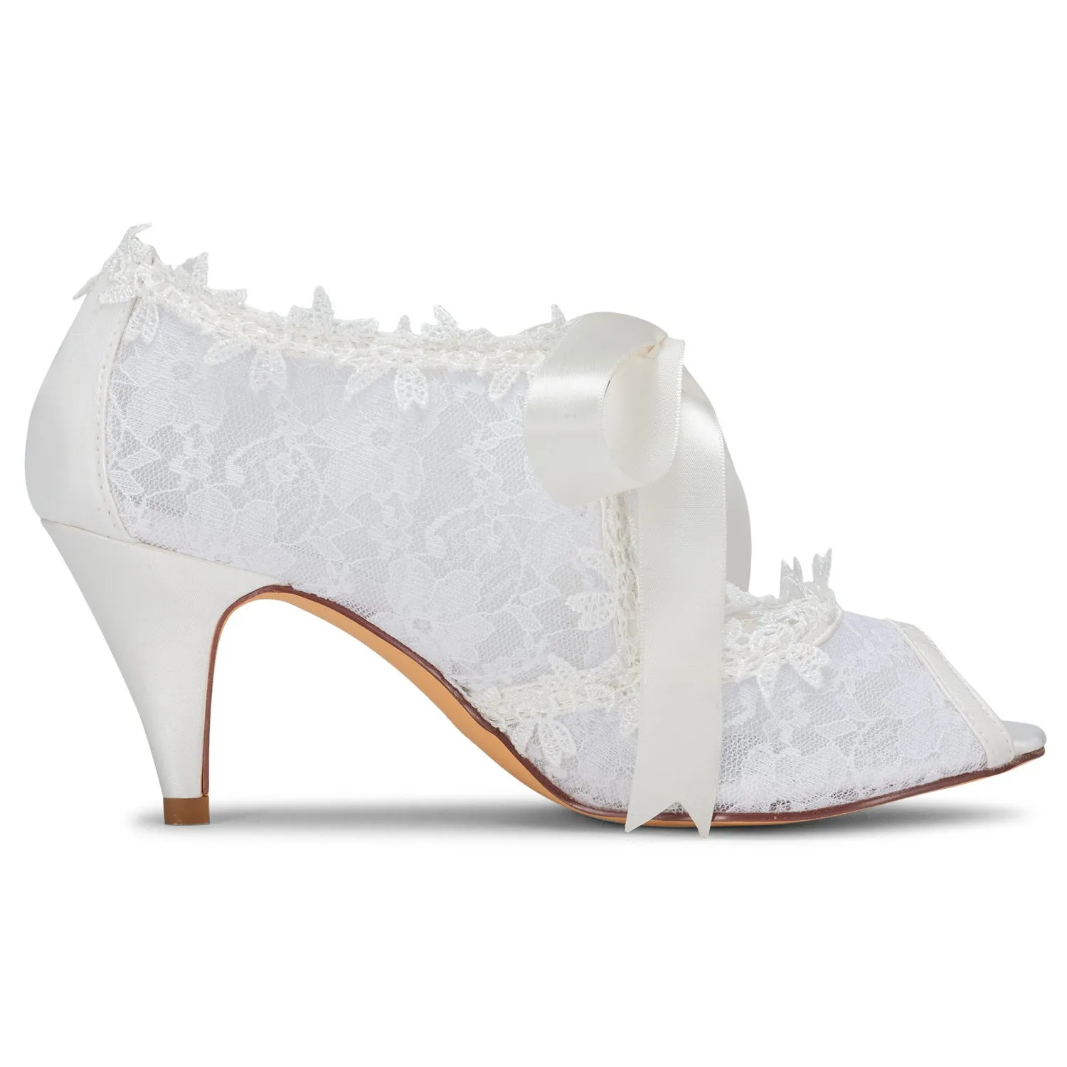 Women's Bridal Shoes 2.6'' Peep Toe Cone Heel Lace Satin Pumps Ribbon Tie Wedding Shoes