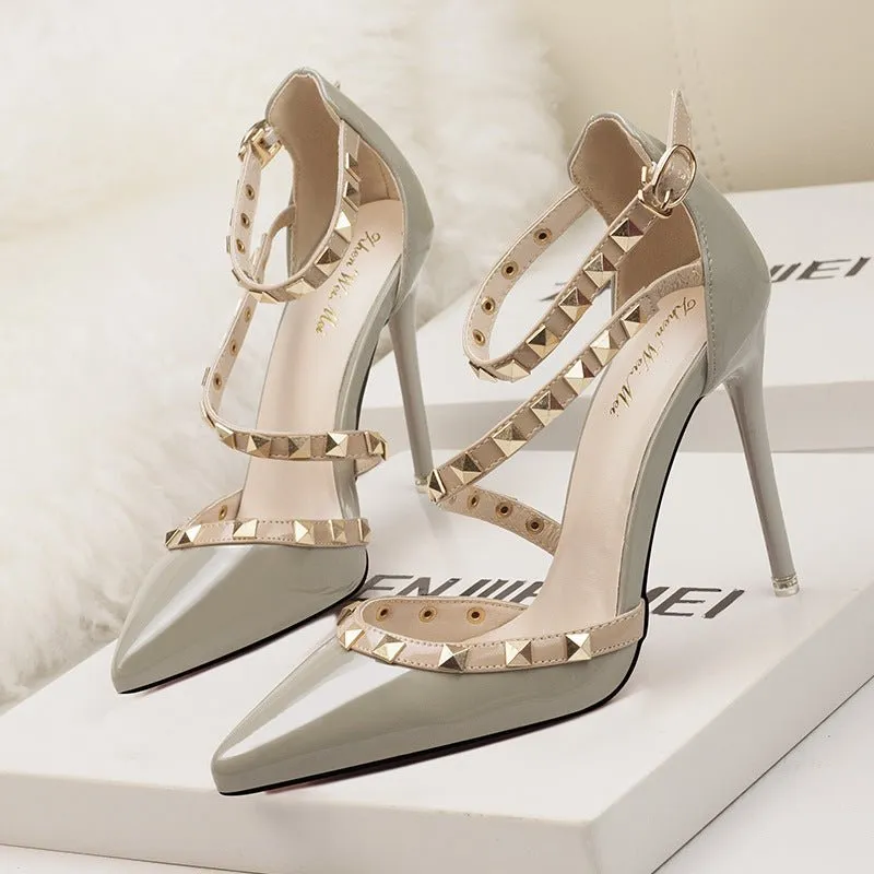 Womens Fashion Pointed Toe Stiletto Heel Sandals with Rivet Party Bridal Shoes