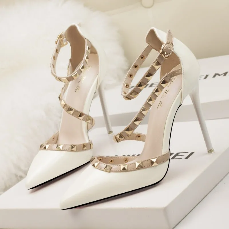 Womens Fashion Pointed Toe Stiletto Heel Sandals with Rivet Party Bridal Shoes