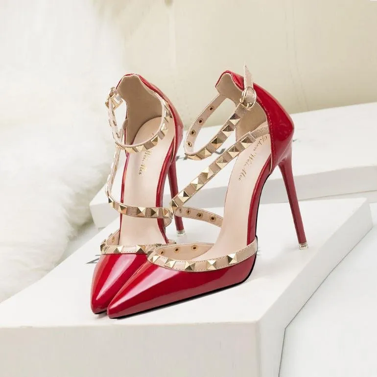 Womens Fashion Pointed Toe Stiletto Heel Sandals with Rivet Party Bridal Shoes